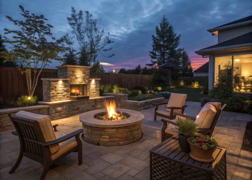 Fire pit seating area as cozy garden decor for outdoor evenings.