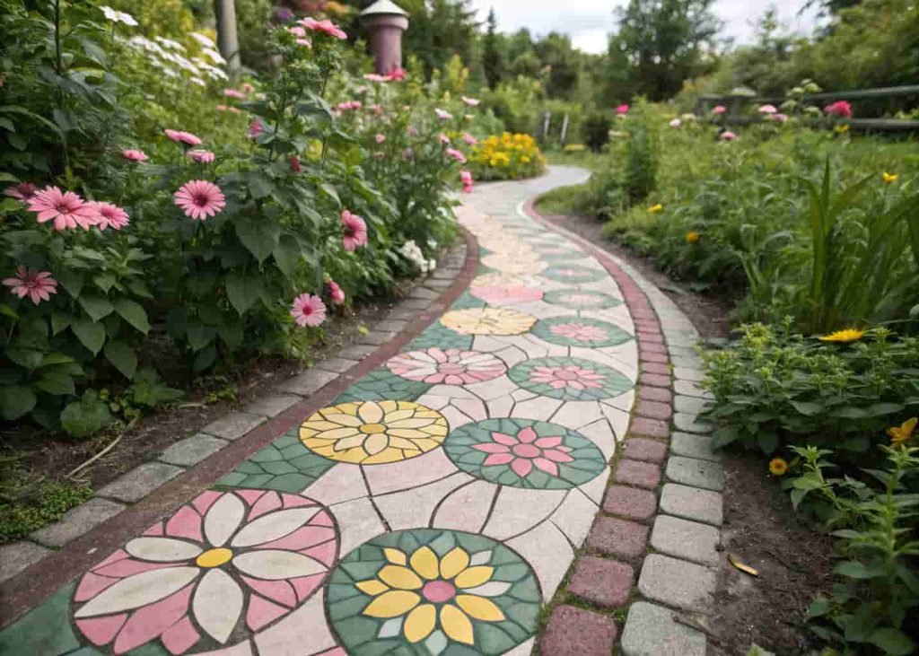 Mosaic garden path with floral tile patterns in pink and yellow surrounded by blooming garden flowers