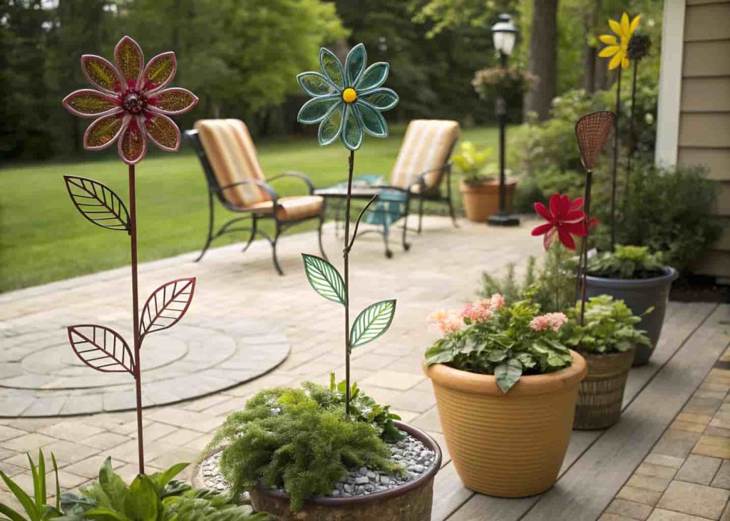 Decorative garden stakes adding playful charm to patio garden decor.