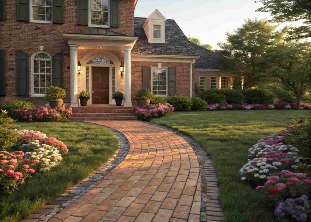 Classic brick walkway with herringbone pattern leading to a home entrance surrounded by green lawn and flower beds.