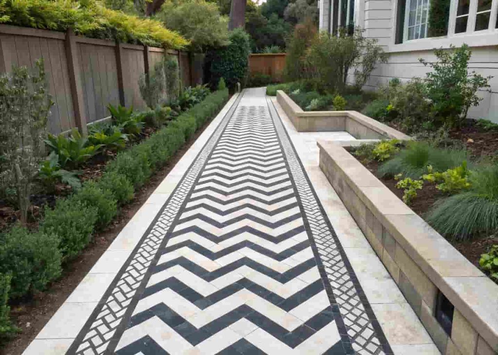 Bold black and white geometric mosaic garden path with chevron pattern in a modern backyard