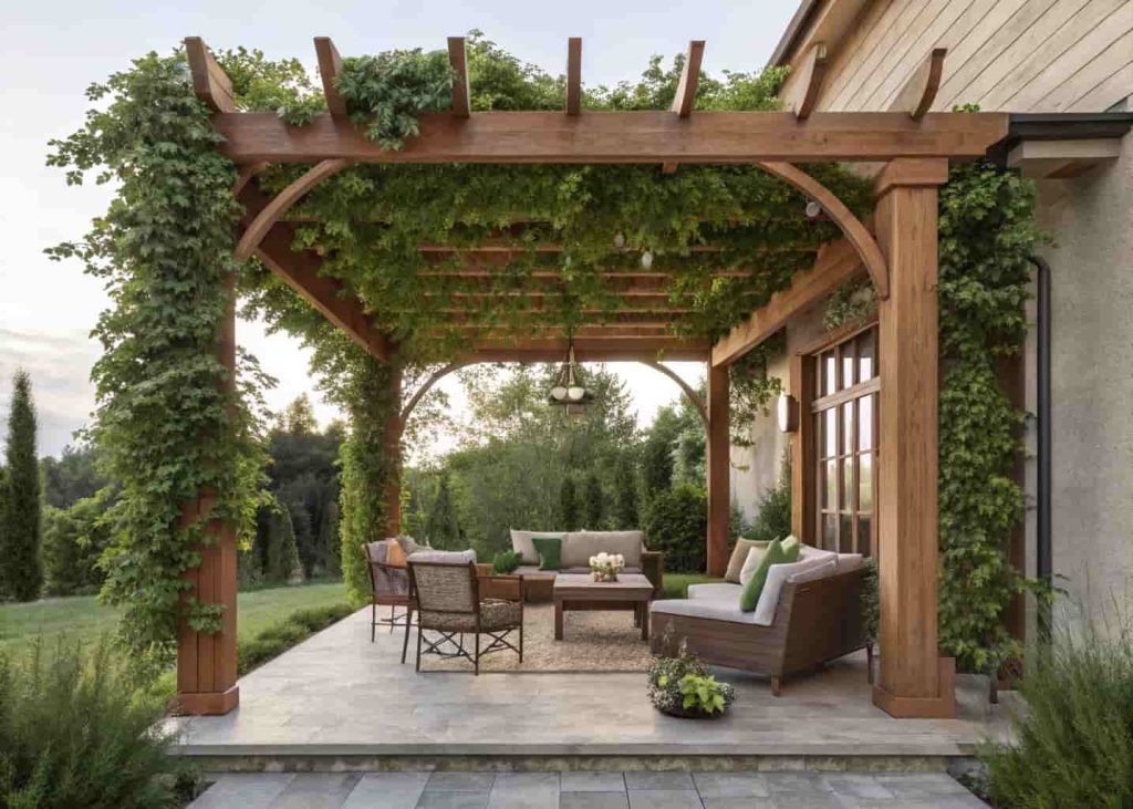 Wooden pergola with climbing vines as shaded garden decor structure.