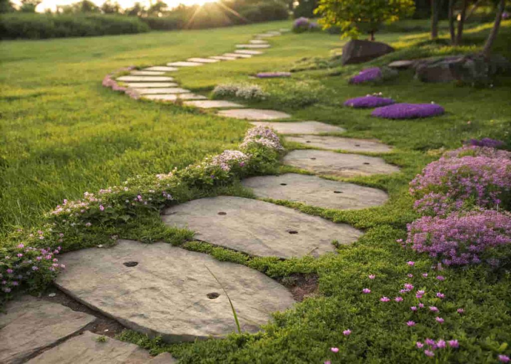 Natural stone stepping stones set in green grass with ground cover plants filling the gaps, bordered by colorful garden flowers.