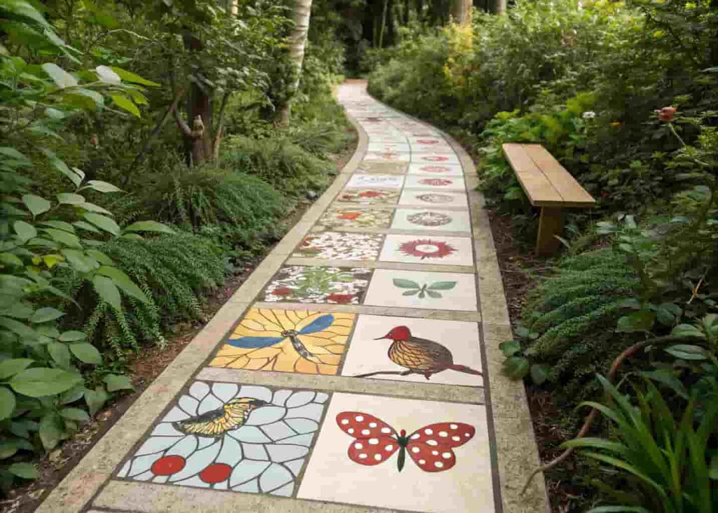 Garden path with colorful mosaic woodland creature designs including birds and butterflies embedded in tiles