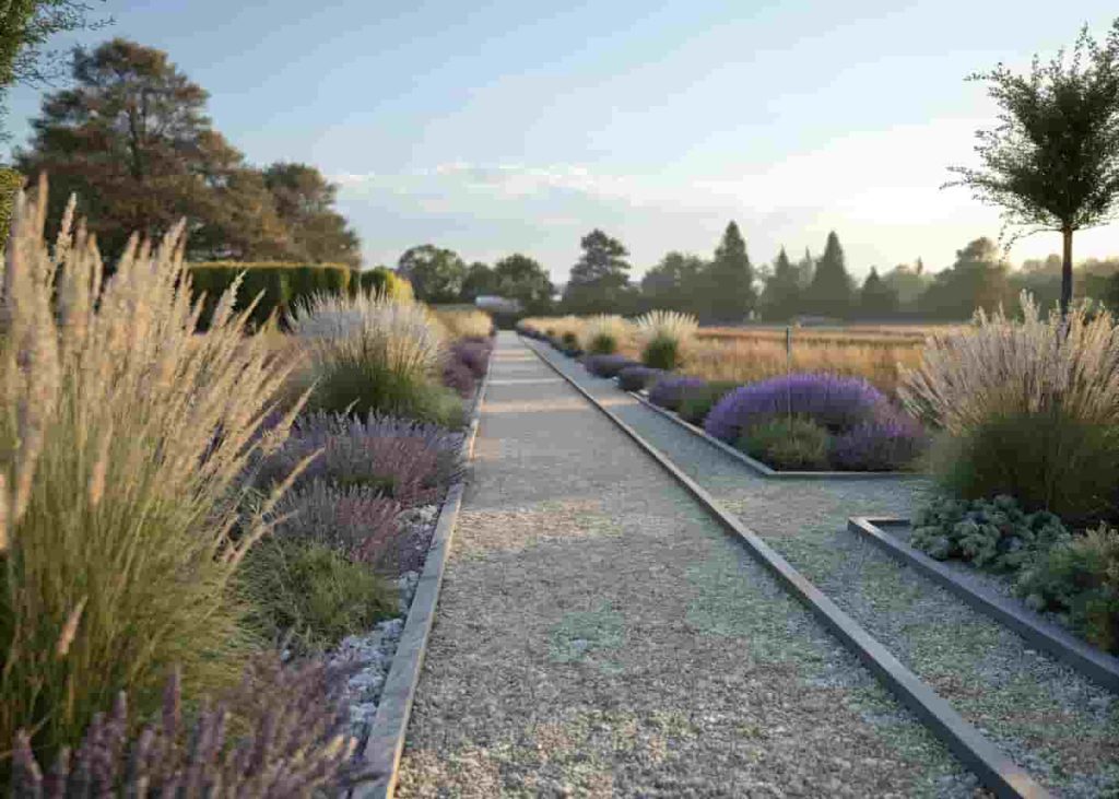 Gravel walkway with clean metal edging flanked by lavender bushes and ornamental grasses in a well-kept garden