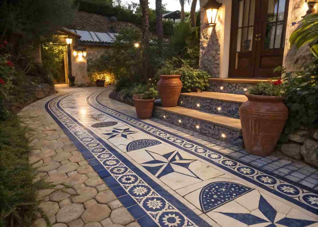 Mediterranean blue and white mosaic garden path with star patterns and terracotta pots alongside