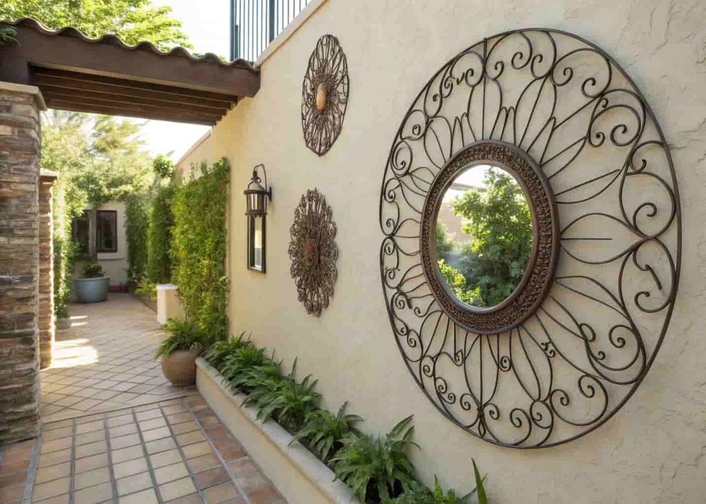 Wall art and mirror decor brightening up a patio wall.