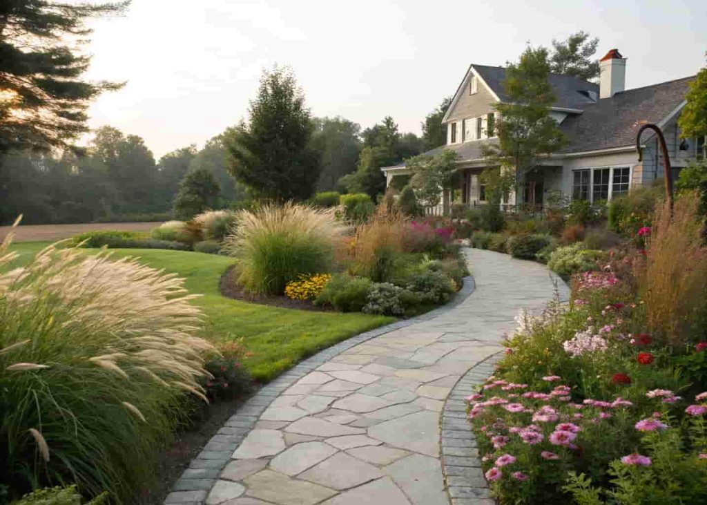 Curved stone walkway winding through a cottage garden leading to a front door
