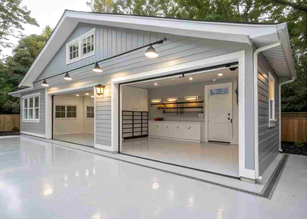Freshly painted light gray garage walls with white trim and organized shelving under bright lighting