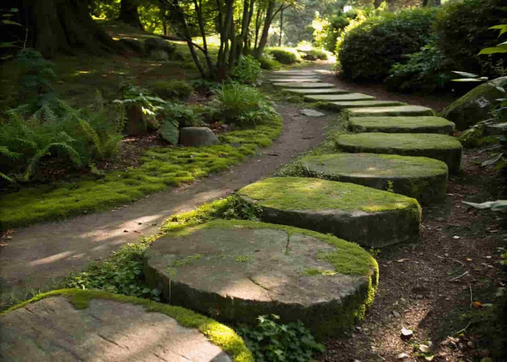 Moss-edged concrete stepping stones along a shaded side house walkway