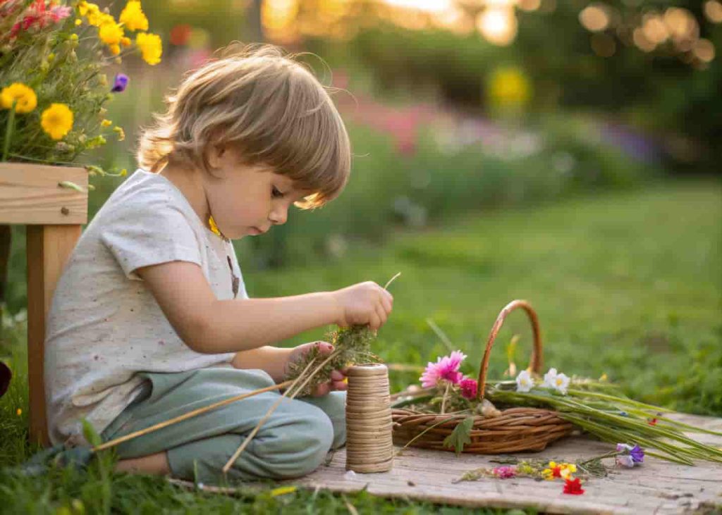 Preschooler doing nature weaving on stick loom as summer outdoor creative activity