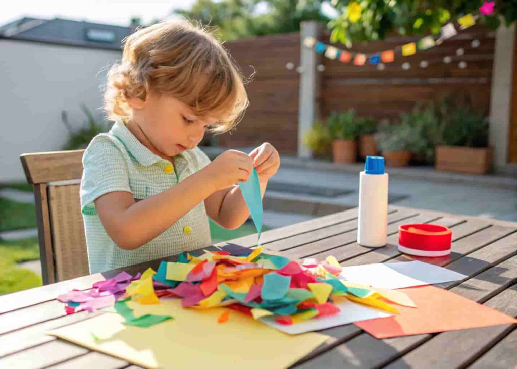 Preschooler tearing paper for collage as summer fine motor art activity