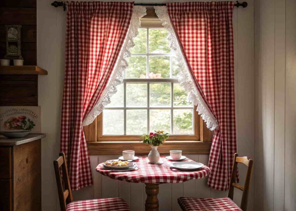 Gingham curtains above window in vintage small kitchen nook