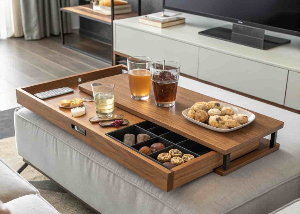 A console table with a pull-out wooden tray extended, holding a tray with drinks and small snacks