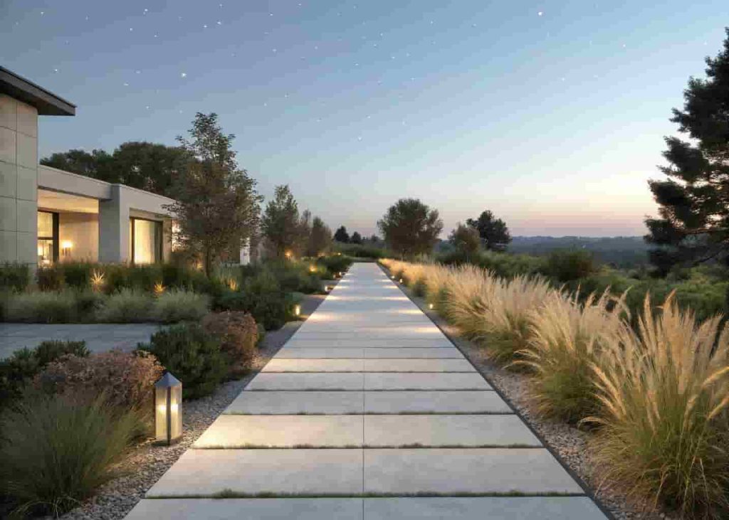Modern concrete paver walkway with large rectangular slabs flanked by ornamental grasses and soft landscape lighting.