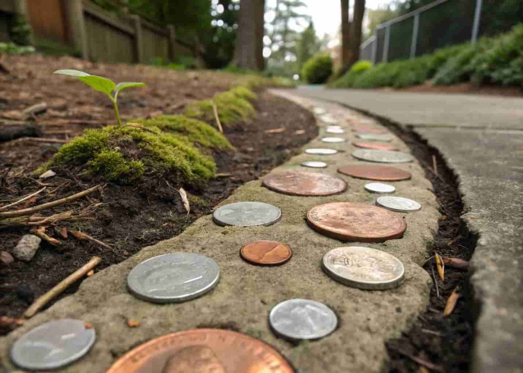 Unique garden path made with mixed coins embedded in cement showing copper and silver tones outdoors