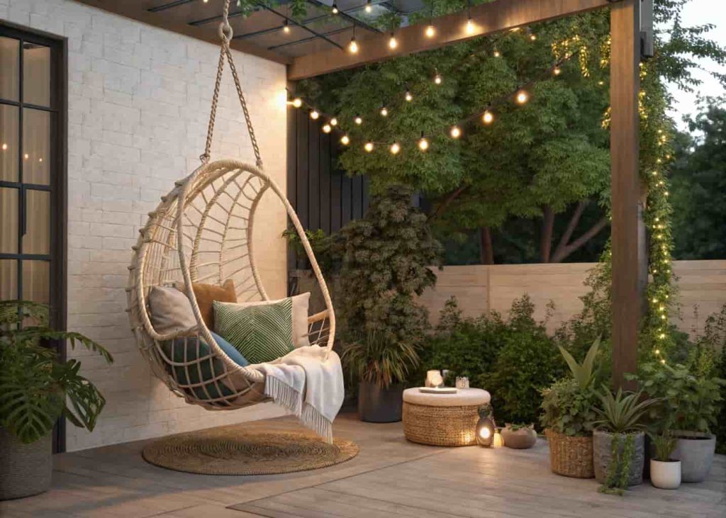 Hammock swing chair as relaxing garden decor for outdoor patios.