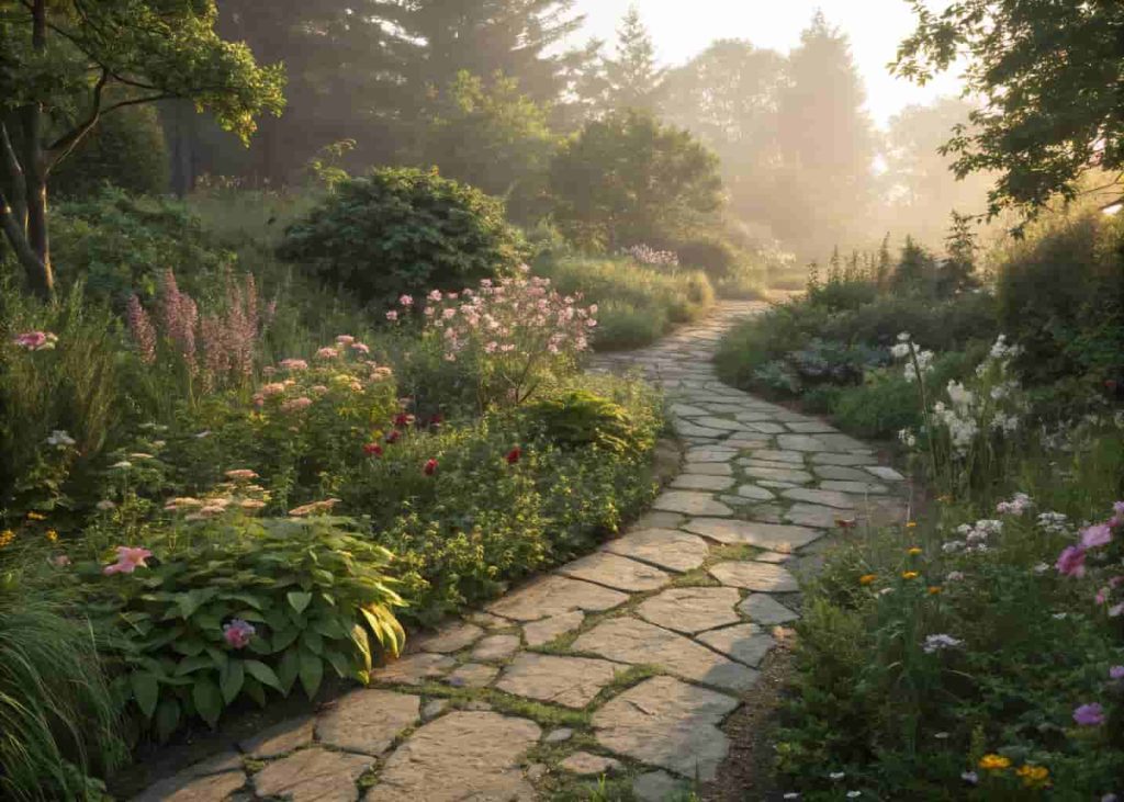 Irregular flagstone path winding through a cottage garden with colorful perennial flowers and green plants growing between the stones.