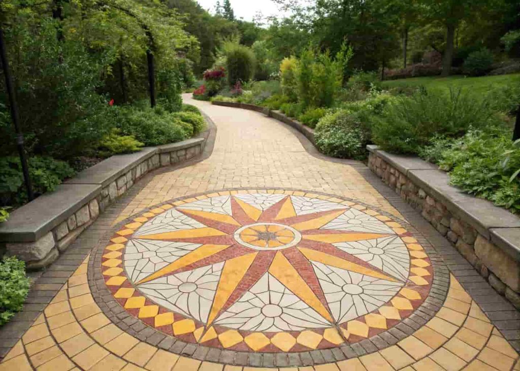 Sunburst mosaic tile design at garden path entrance with yellow and orange radiating tile pattern