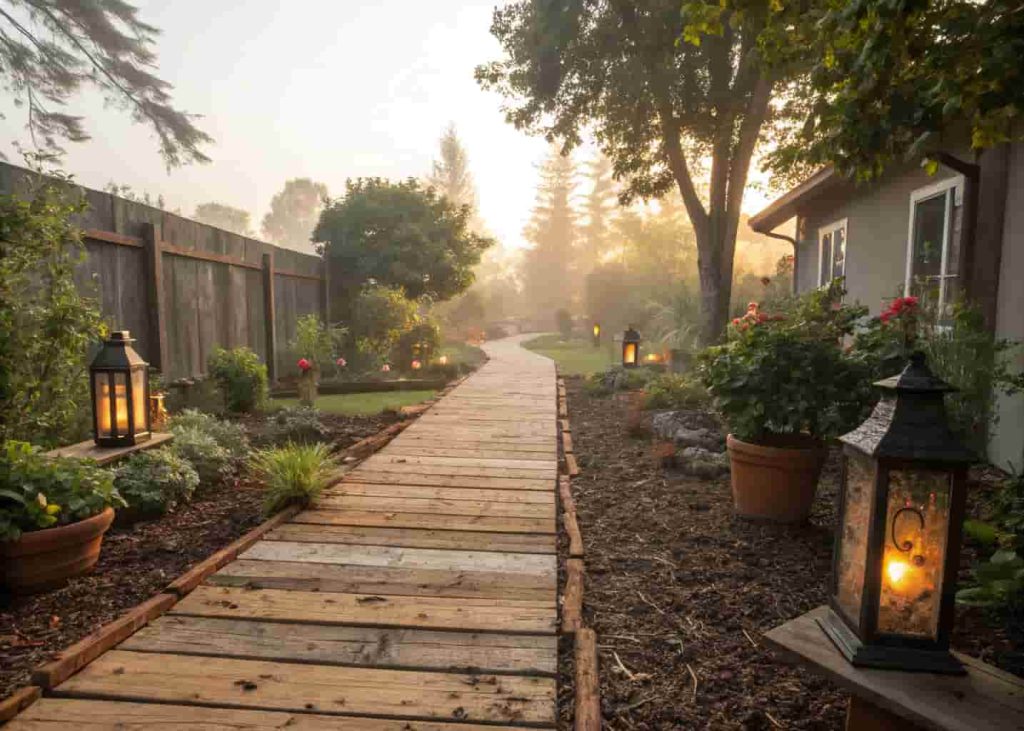 Rustic wood plank walkway with wide boards set over mulch, flanked by potted plants and warm lanterns in a backyard garden