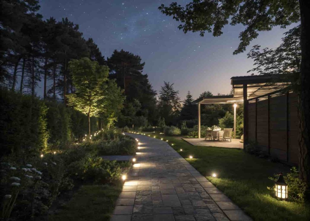 Pathway lighting enhancing patio and garden decor at night.