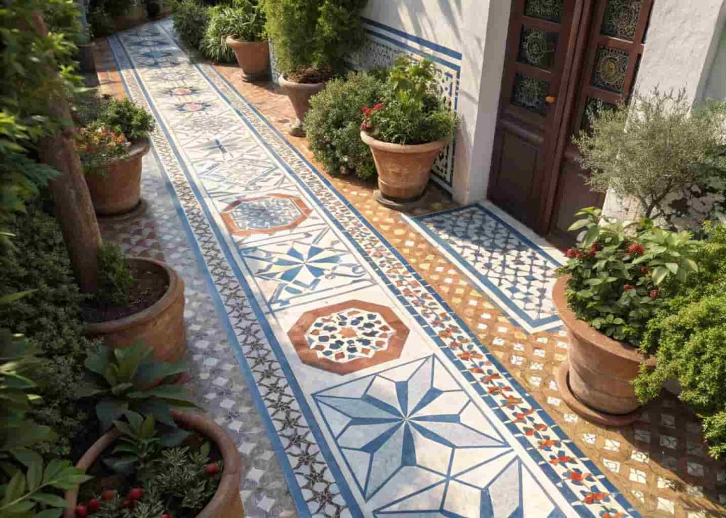 Colorful mosaic tile walkway with geometric patterns in a Mediterranean garden setting surrounded by terracotta pots and greenery.