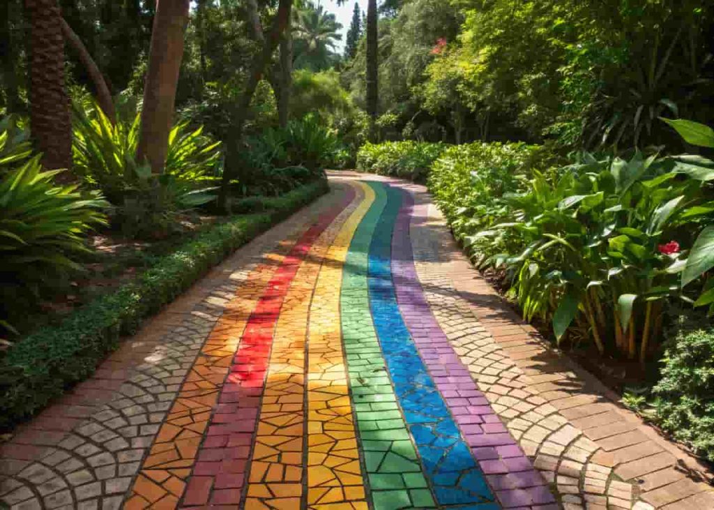 Rainbow striped mosaic garden path with bold colored tile bands in sunny outdoor backyard setting