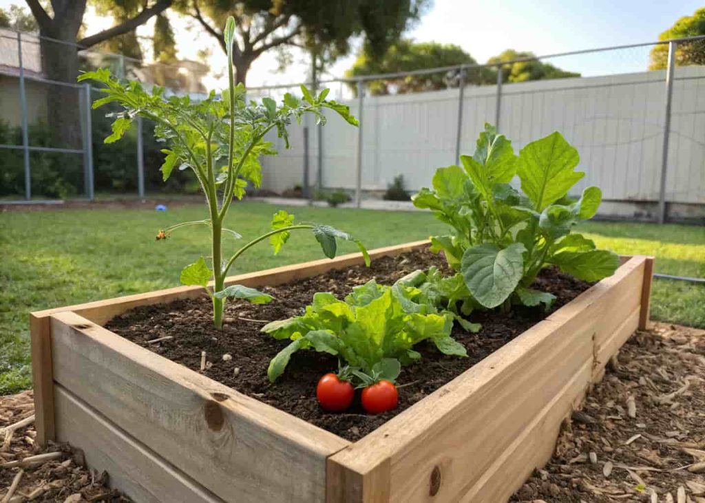 Small raised garden bed with young vegetable plants in a backyard