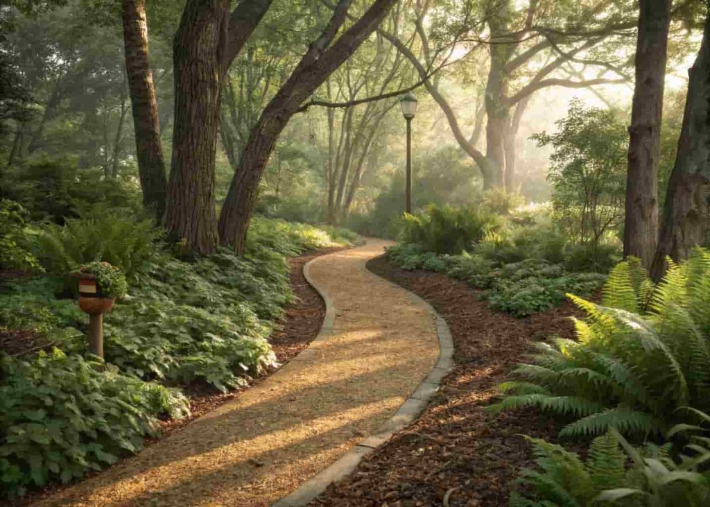 Wood chip mulch pathway winding through a shaded woodland garden with ferns and green plants on either side