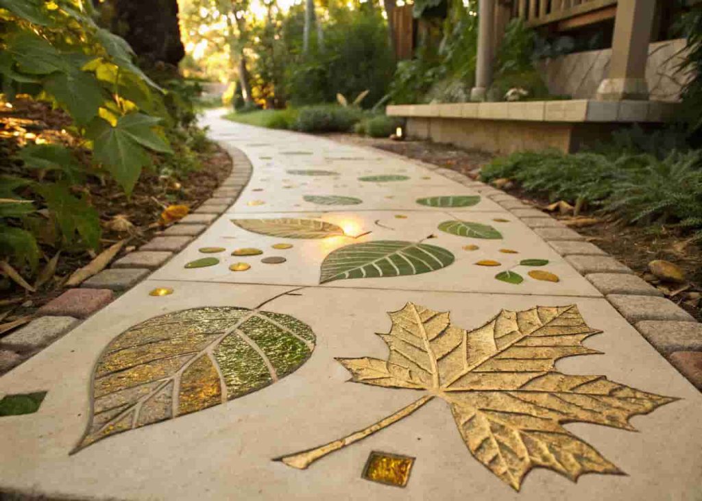 Garden path with natural leaf imprint designs filled with gold and green mosaic tile pieces in warm light