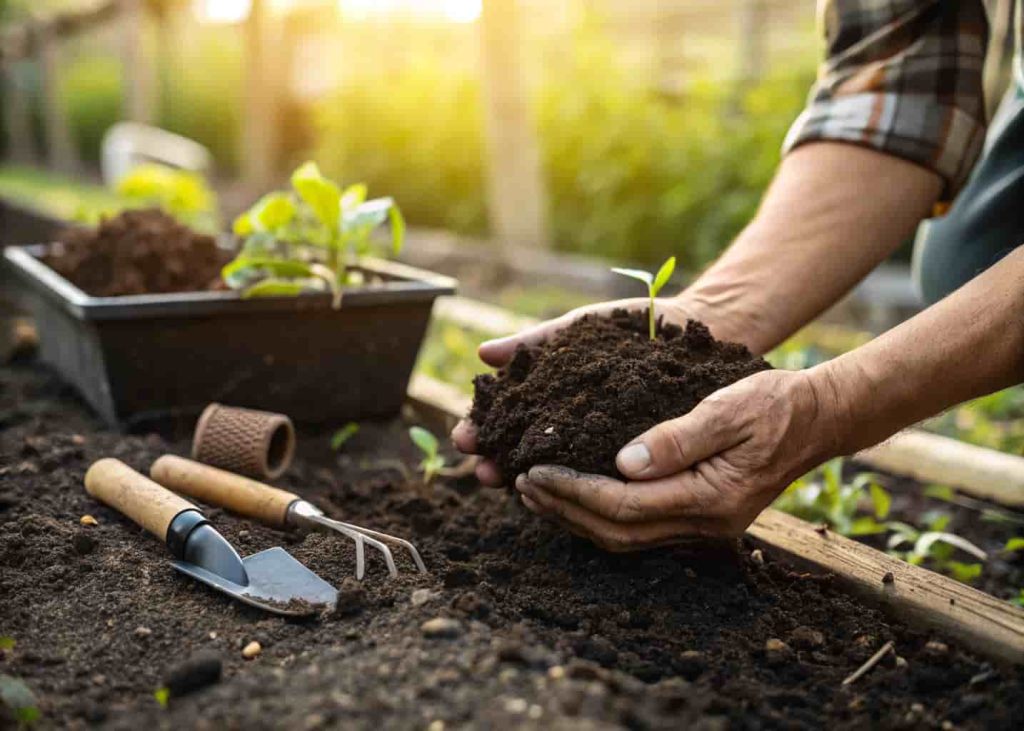 Hands holding rich compost soil for a garden bed