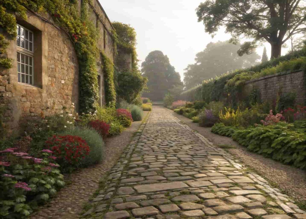 Reclaimed cobblestone garden path with aged, irregular stones bordered by ivy and traditional English garden plants.