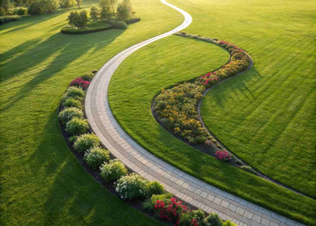 Curved grass walkway mowed into a green lawn with low flower borders on both sides under bright sunlight.