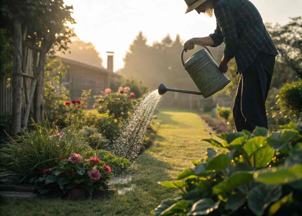 Person watering garden plants in the early morning sunlight