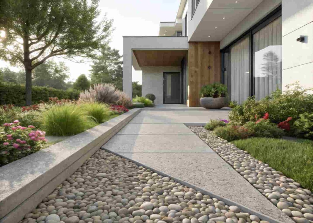 Exposed aggregate concrete walkway with visible pebble texture leading to a modern home entrance surrounded by tidy garden beds.