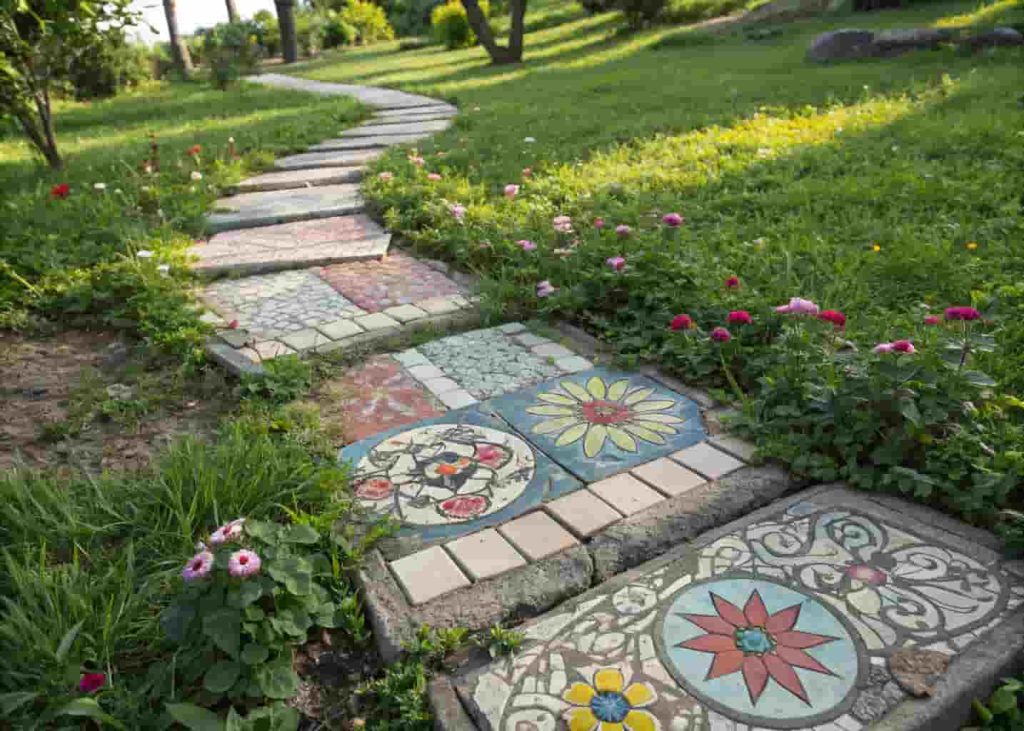 Colorful mosaic garden design with tile patterns on pathway surrounded by green plants
