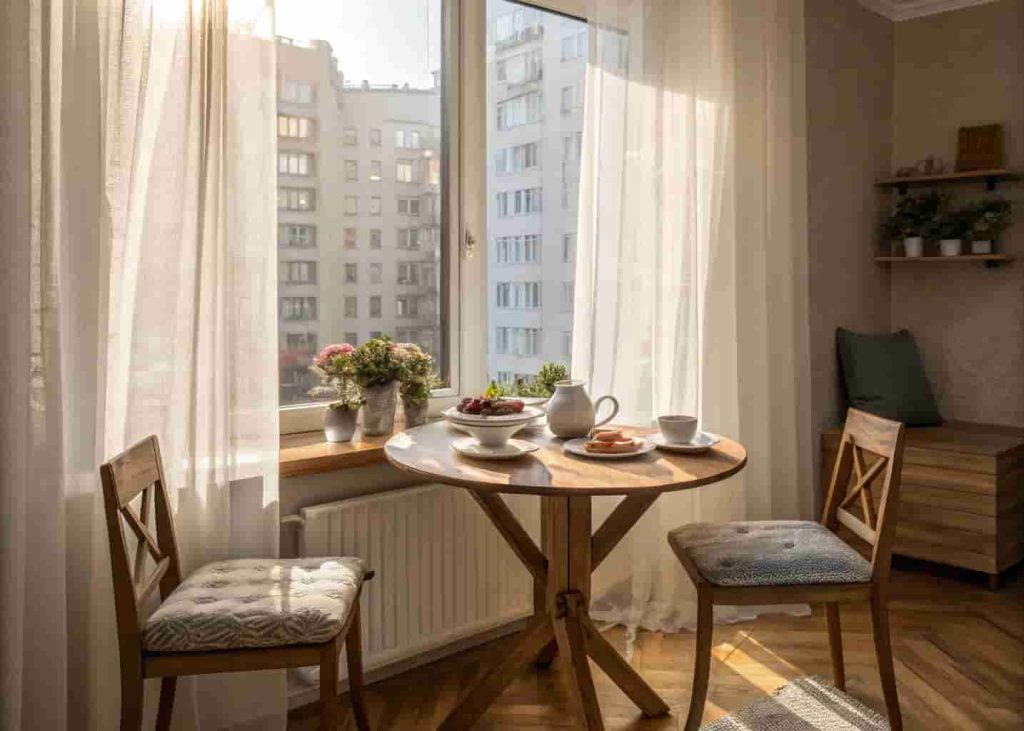 Cozy breakfast nook in a small apartment with a round wooden table and natural morning light