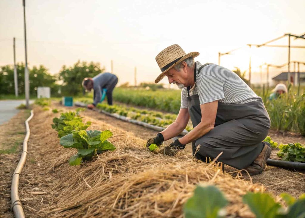 Gardener spreading straw mulch around vegetable plants in garden bed
