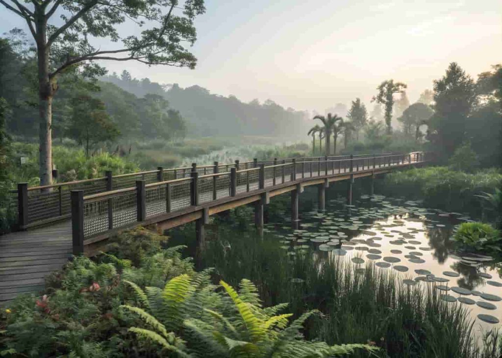 Elevated wooden boardwalk garden path with lush ferns and water plants growing beneath and around the structure.