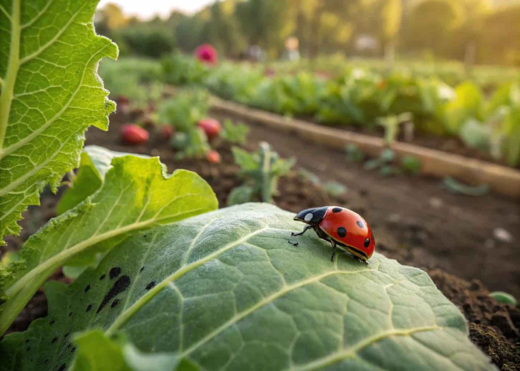 Ladybug resting on a green leaf in a garden