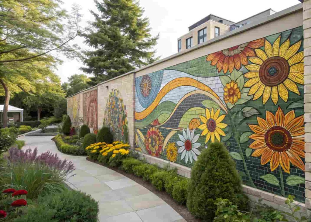 Colorful mosaic wall mural with sunflower design on outdoor garden wall surrounded by plants