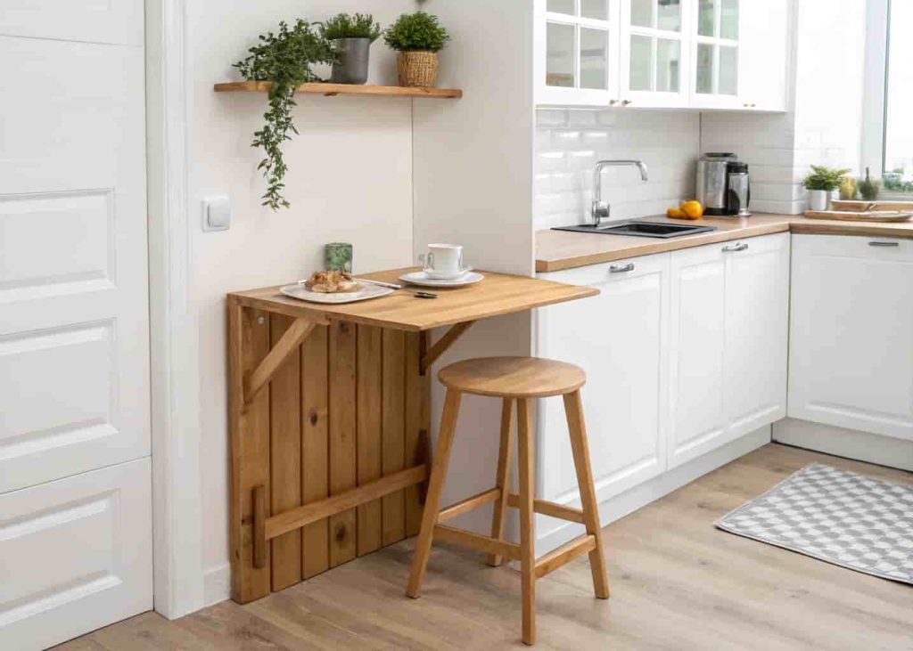 Fold-down wall-mounted breakfast nook table in a compact apartment kitchen with bar stool seating