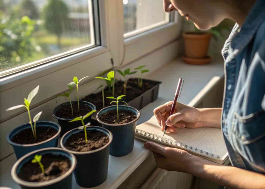 Person writing in a garden journal beside seedlings on a windowsill