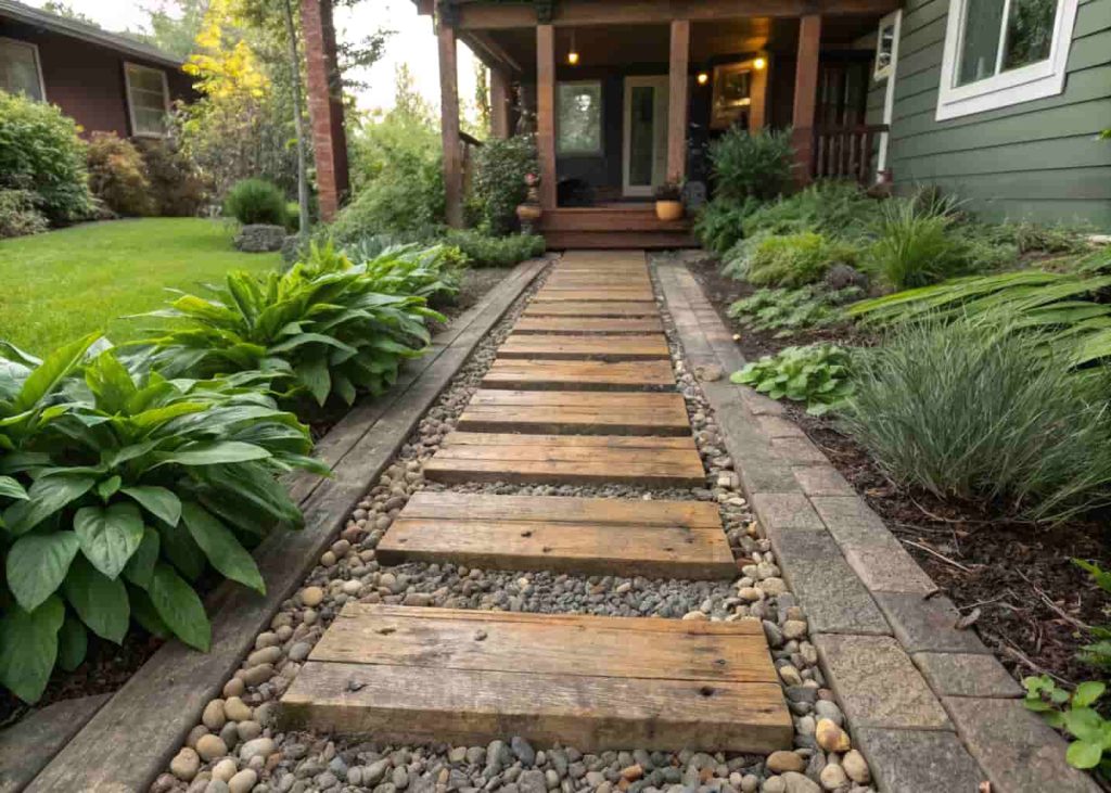 Timber wood sleeper walkway with gravel gaps set in a natural front garden