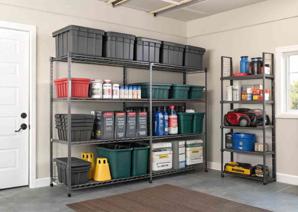 Freestanding metal shelving units in garage holding labeled bins, paint cans, and automotive supplies