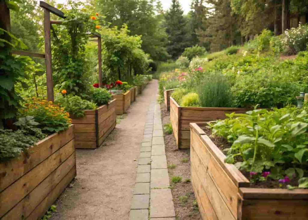 Side yard walkway with narrow raised planter beds on both sides filled with herbs and flowers