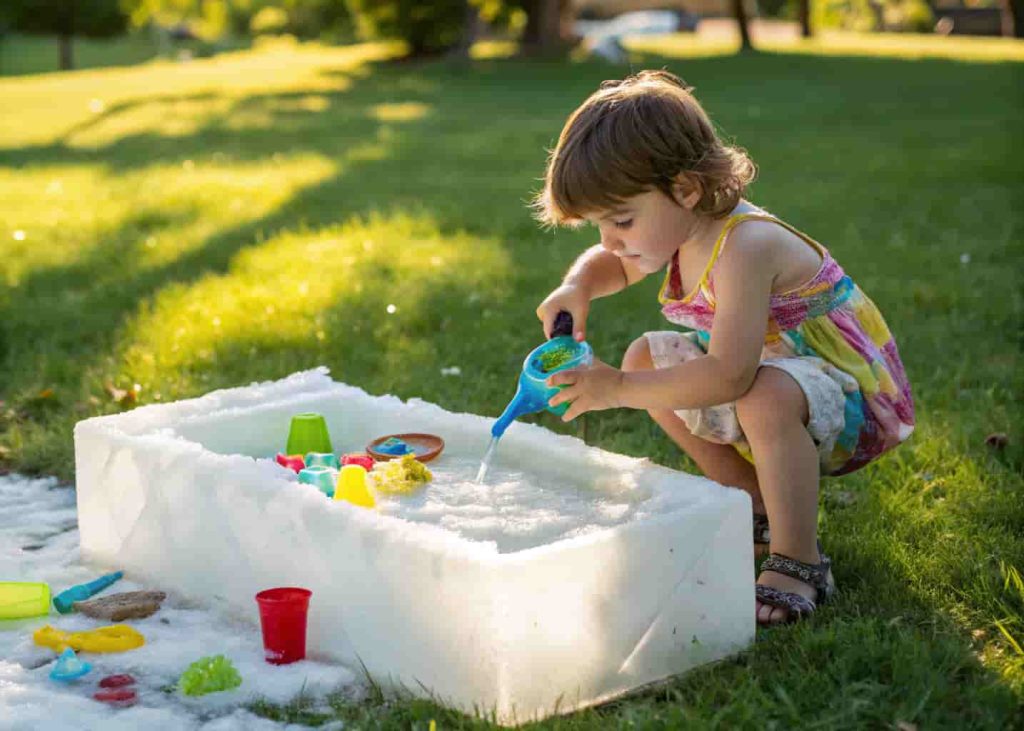 Preschooler doing ice excavation treasure hunt as creative summer sensory activity