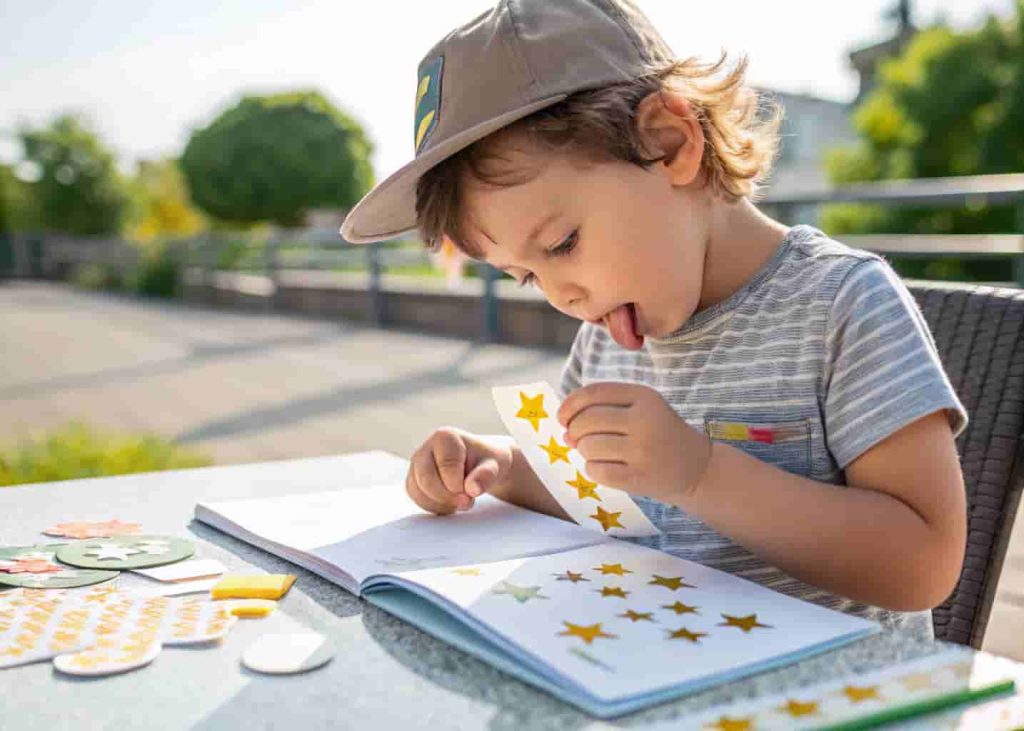 Preschooler peeling and placing stickers as summer fine motor skill activity