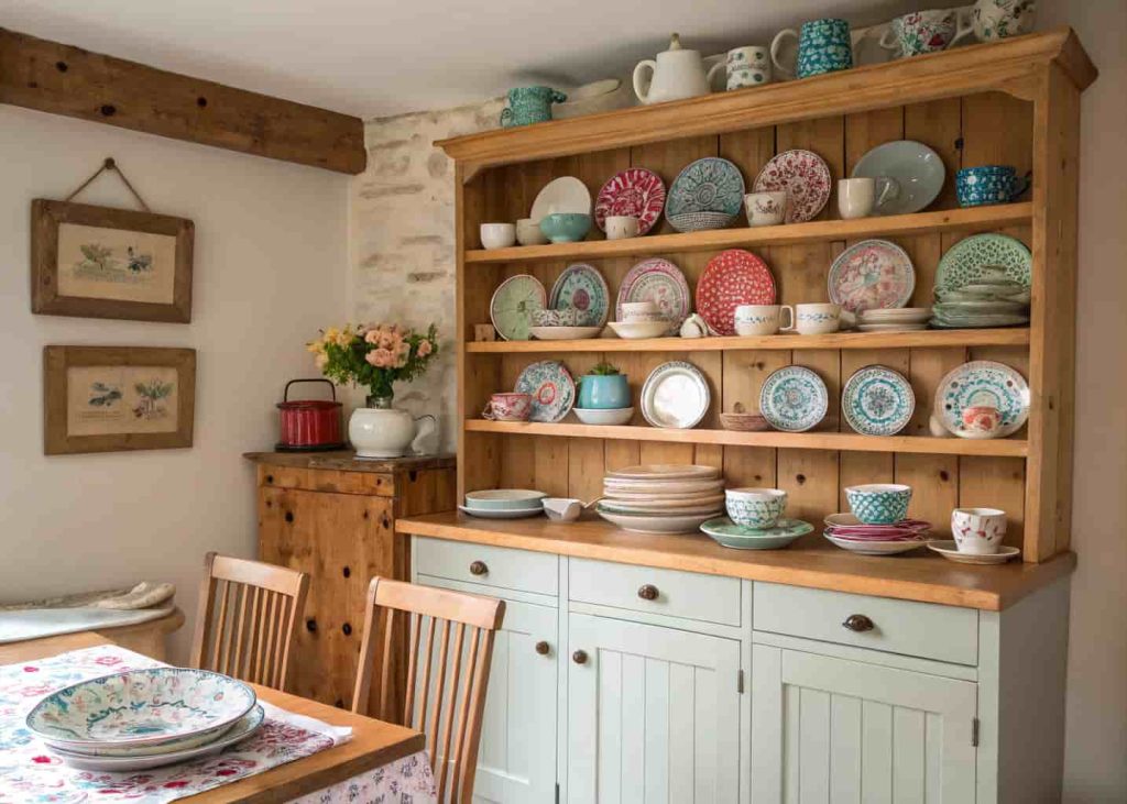 Open shelving with vintage dishware above small breakfast nook