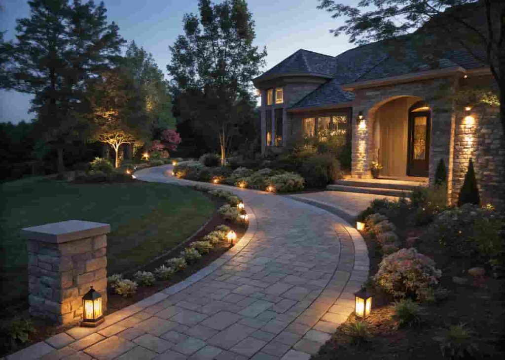 Stone walkway with warm LED landscape lighting along both edges at dusk, creating a dramatic and welcoming path to a home entrance.